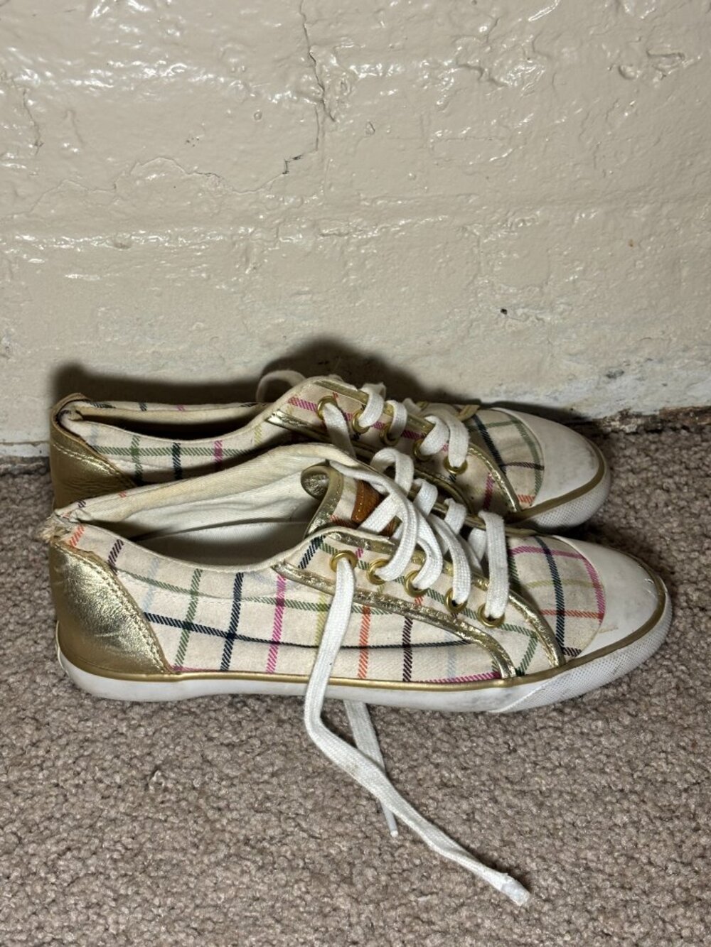 Coach Plaid Sneakers Size 7B Gold Trim Lace Up Casual Shoes - Picture 4 of 9